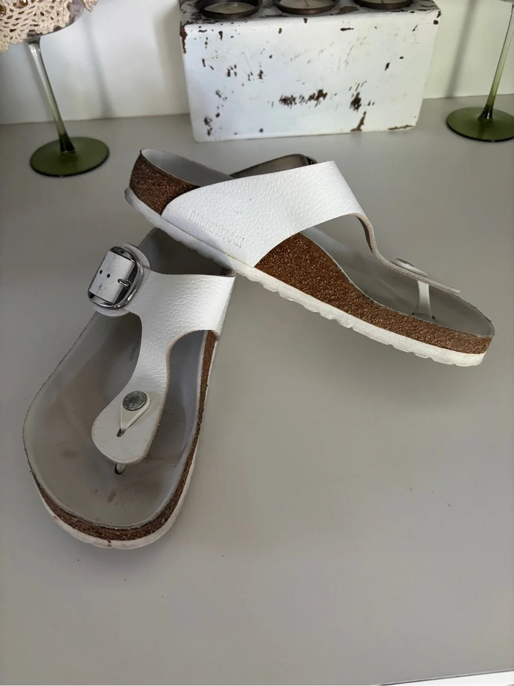 Birkenstock White Leather Slip-On Sandals with Cork Footbed - Picture 2 of 8
